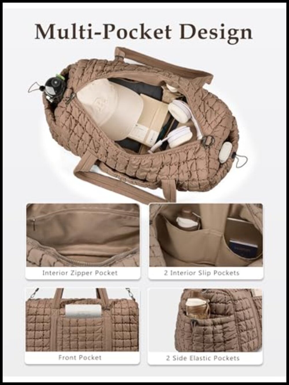 Quilted Travel Duffle Bag Puffer Weekender Overnight Duffel Gym - Picture 3 of 5